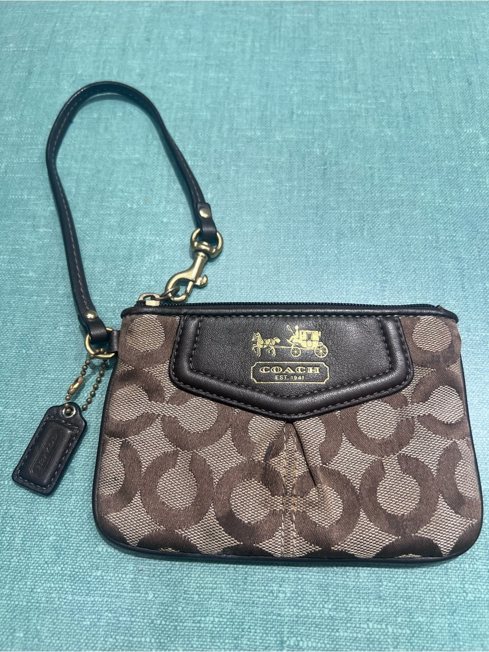 Coach Brown Signature Canvas Wristlet with Gold Logo